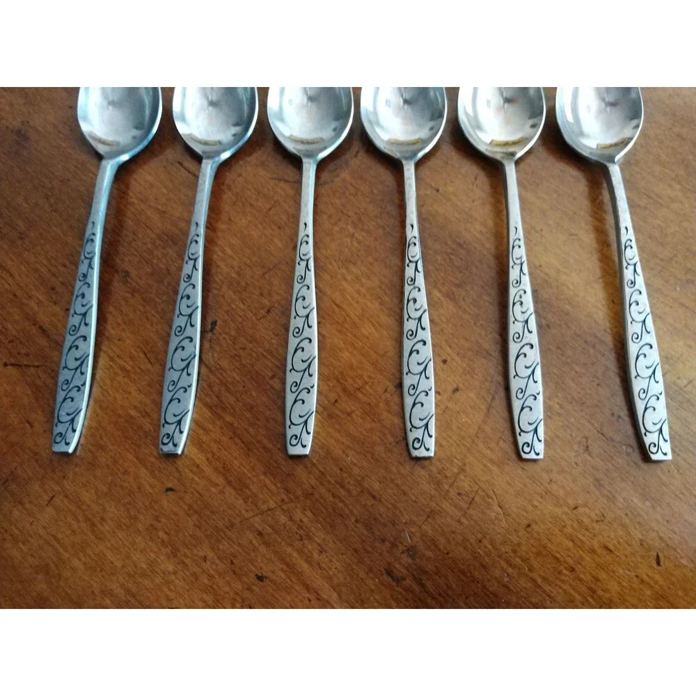 Vtg Lot 6+1  Teaspoons Stainless Grand Prix Florentine Black Swirl Design Japan